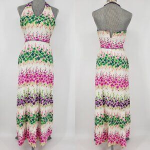 Vintage 70s Floral Halter Maxi Dress 10 Loll Ease A Line Backless Pink Green